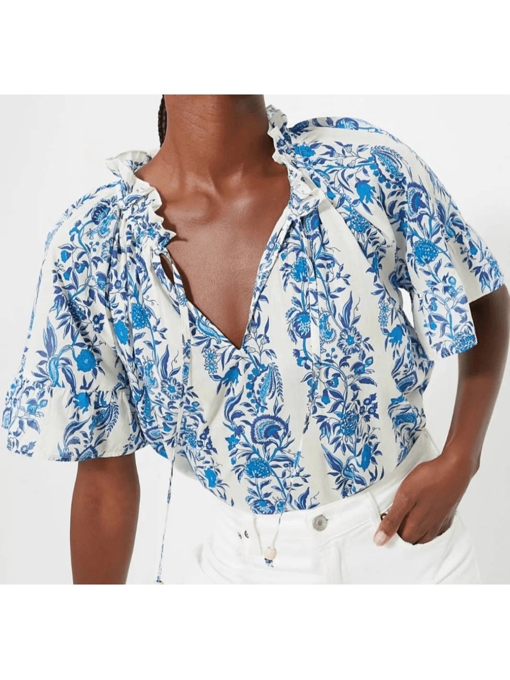 Tuckernuck White and Blue Floral Tie-Neck Blouse